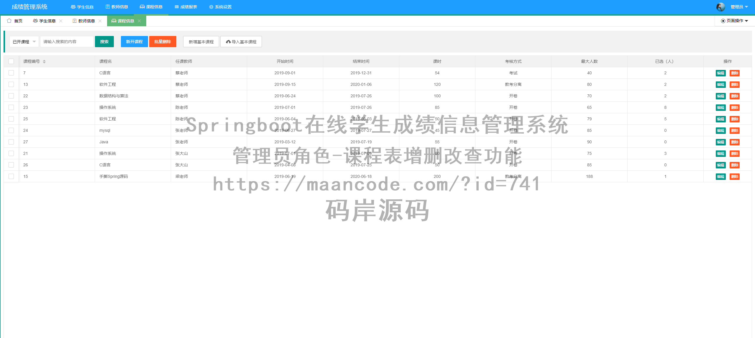 管理员角色-课程表增删改查