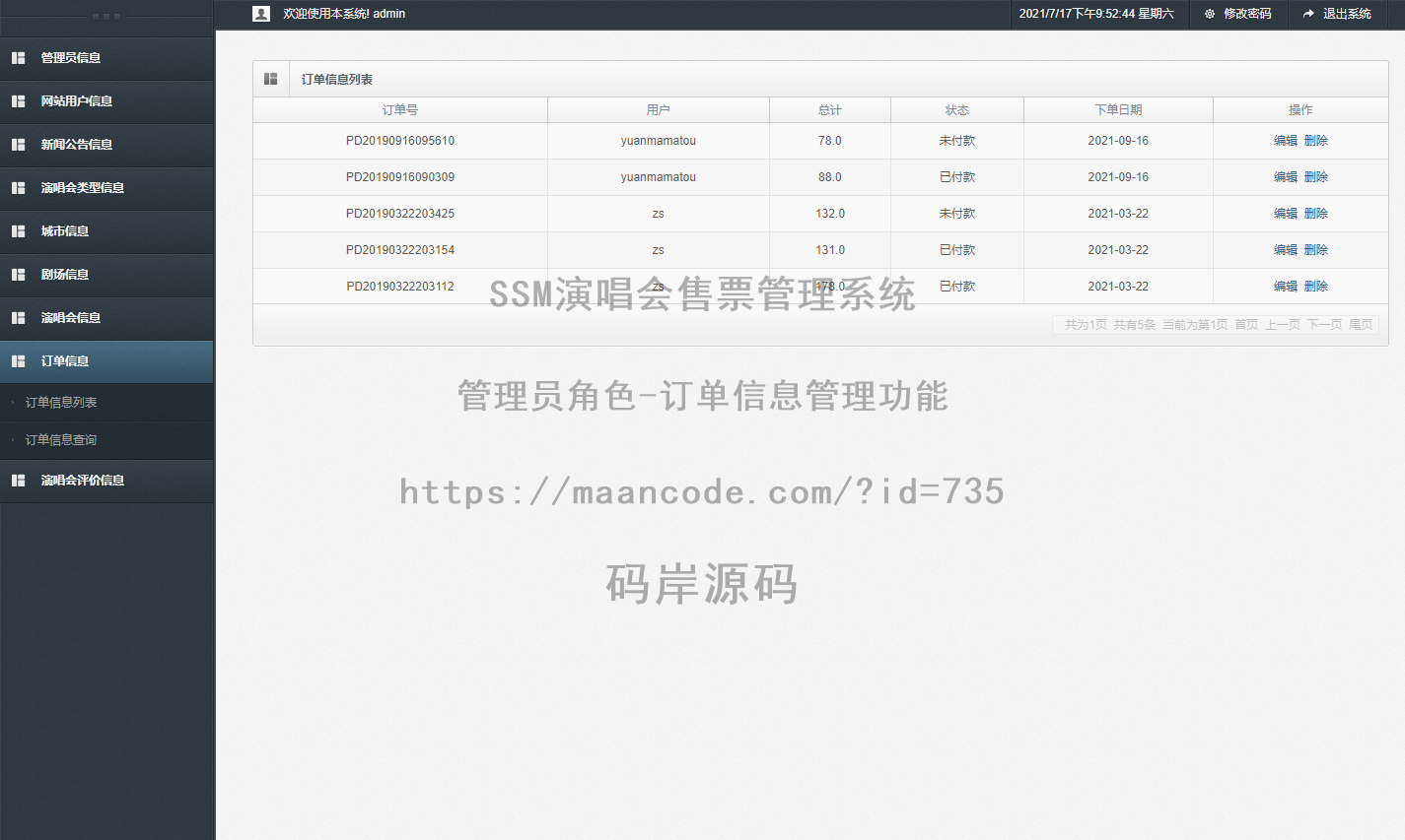 管理员角色-订单信息管理