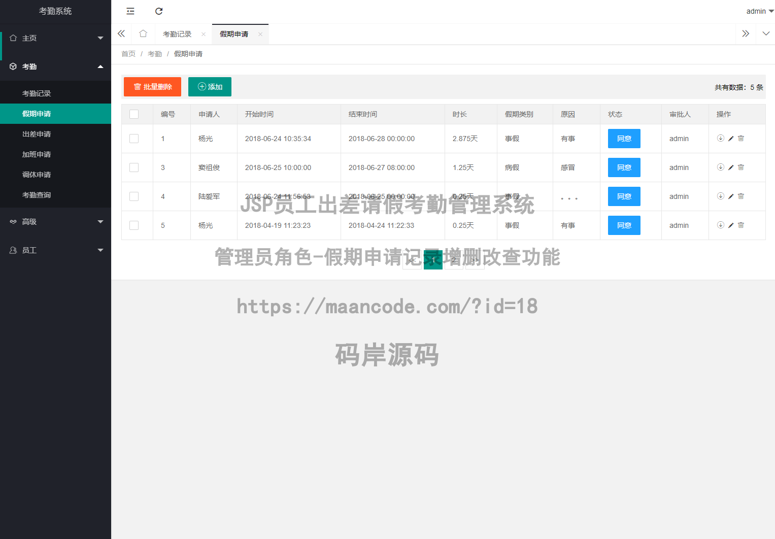 管理员角色-假期申请记录增删改查