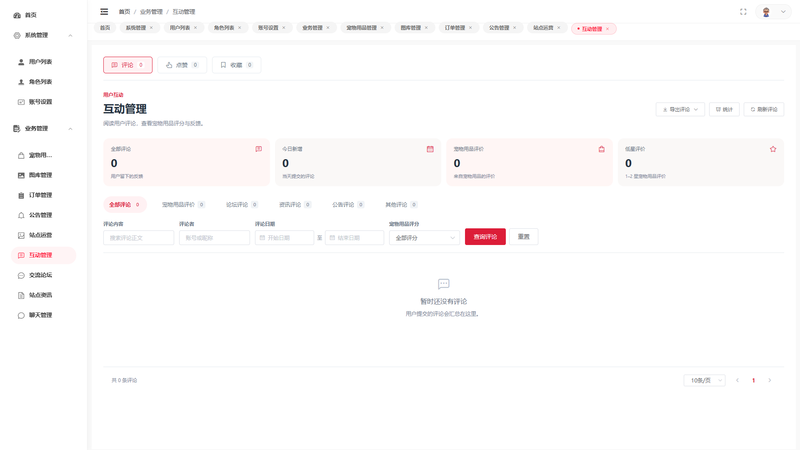 SpringBoot+Vue实现宠物商城系统 - 互动管理界面截图