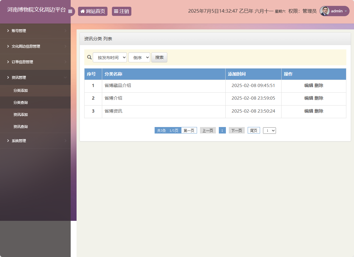 基于SSM框架的河南博物馆文化周边展销平台 - 资讯分类管理.png界面截图
