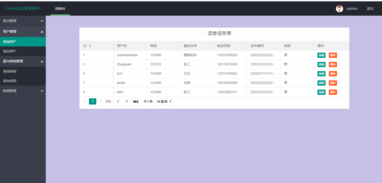 基于JSP+Servlet的图书借阅管理系统 - 用户增删改查.png界面截图