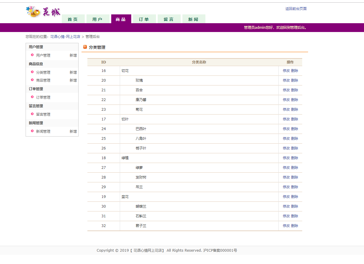 基于JSP+Servlet的鲜花在线销售与库存管理系统 - 类别增删改查.png界面截图