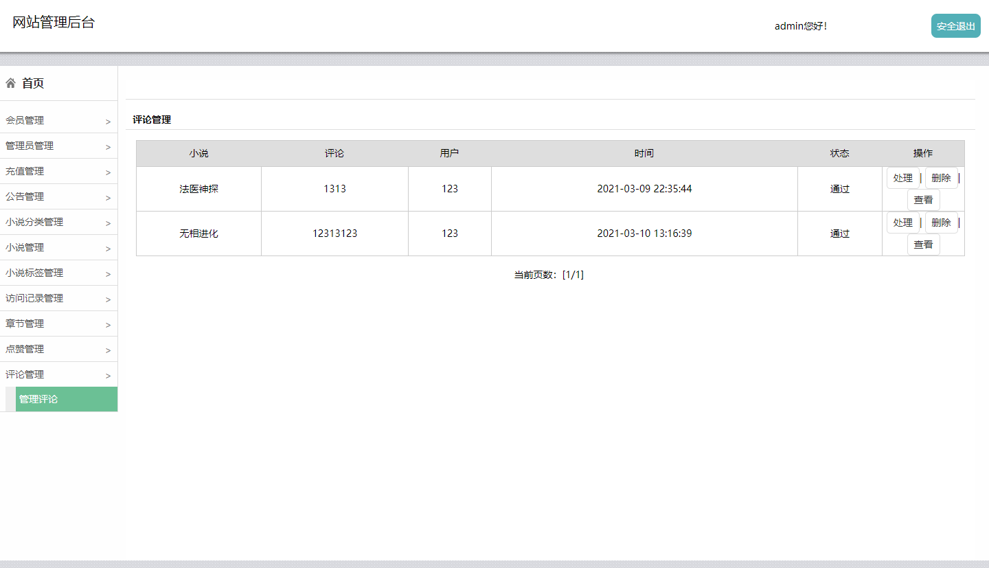 基于JSP+Servlet的小说在线阅读平台 - 评论管理.png界面截图
