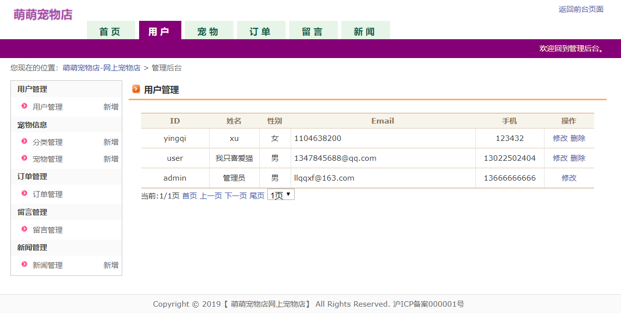 基于JSP+Servlet的宠物用品在线商城系统 - 用户管理.png界面截图