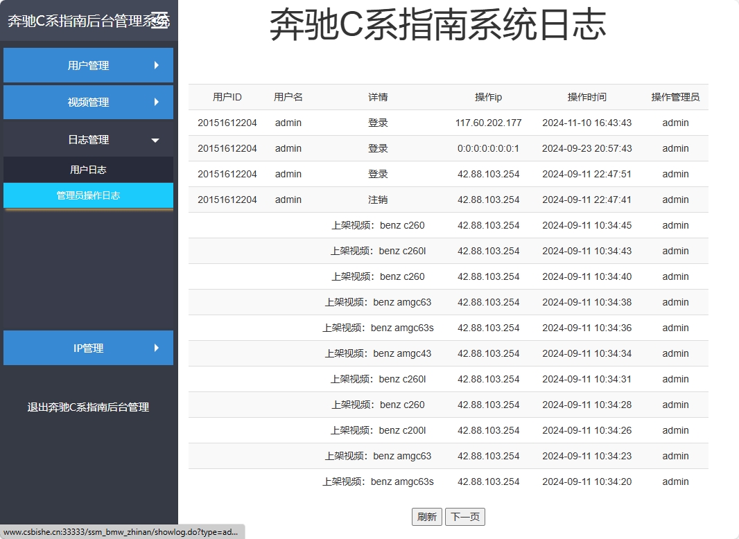 基于SSM框架的奔驰C系汽车指南平台 - 管理员操作日志.png界面截图