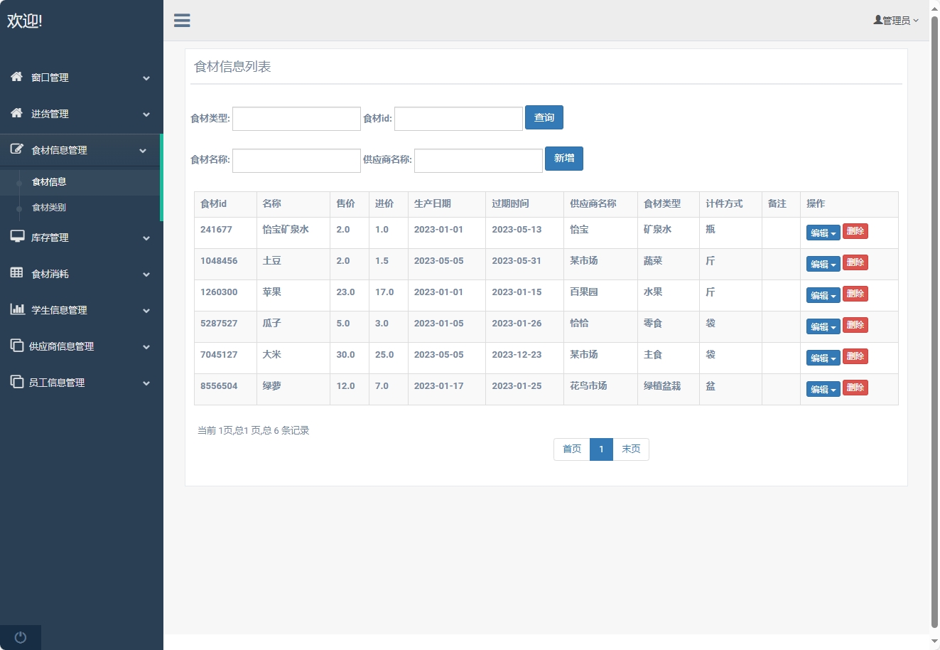 基于SpringBoot的食堂窗口销售与库存管理平台 - 食材信息管理.png界面截图