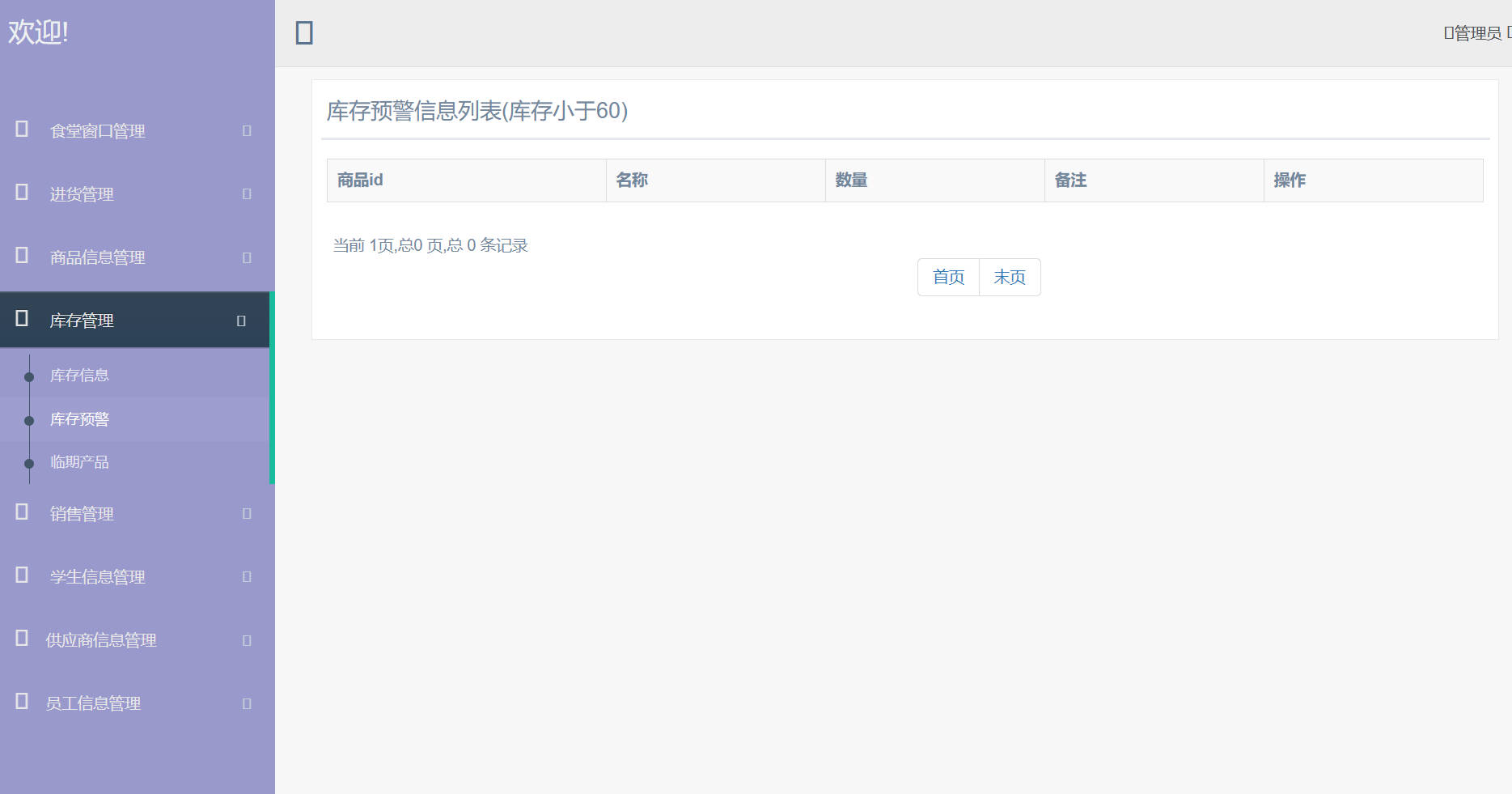 基于SpringBoot的高校食堂智慧点餐管理系统 - 库存预警管理.jpg界面截图
