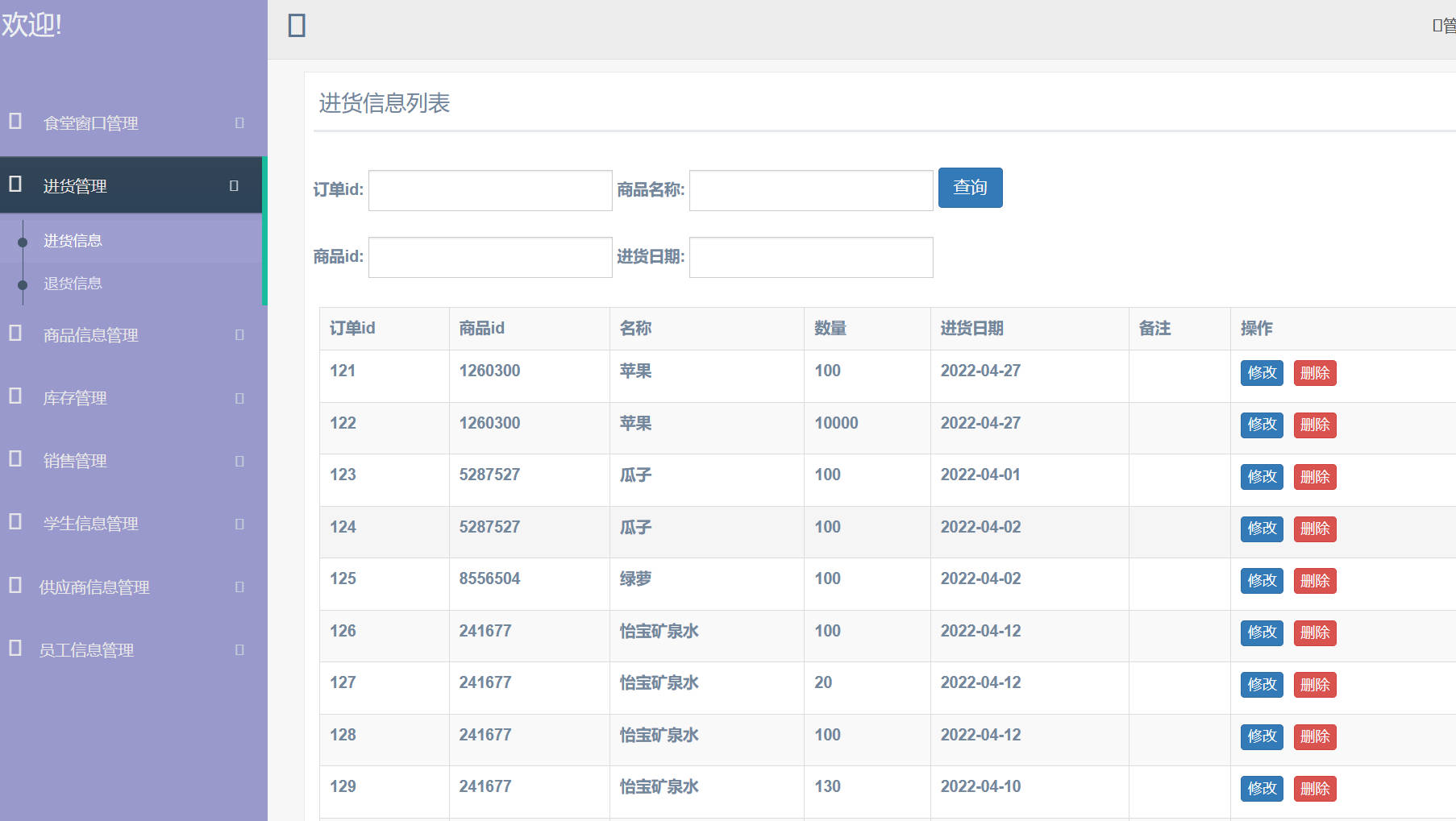 基于SpringBoot的高校食堂智慧点餐管理系统 - 进货信息管理.jpg界面截图