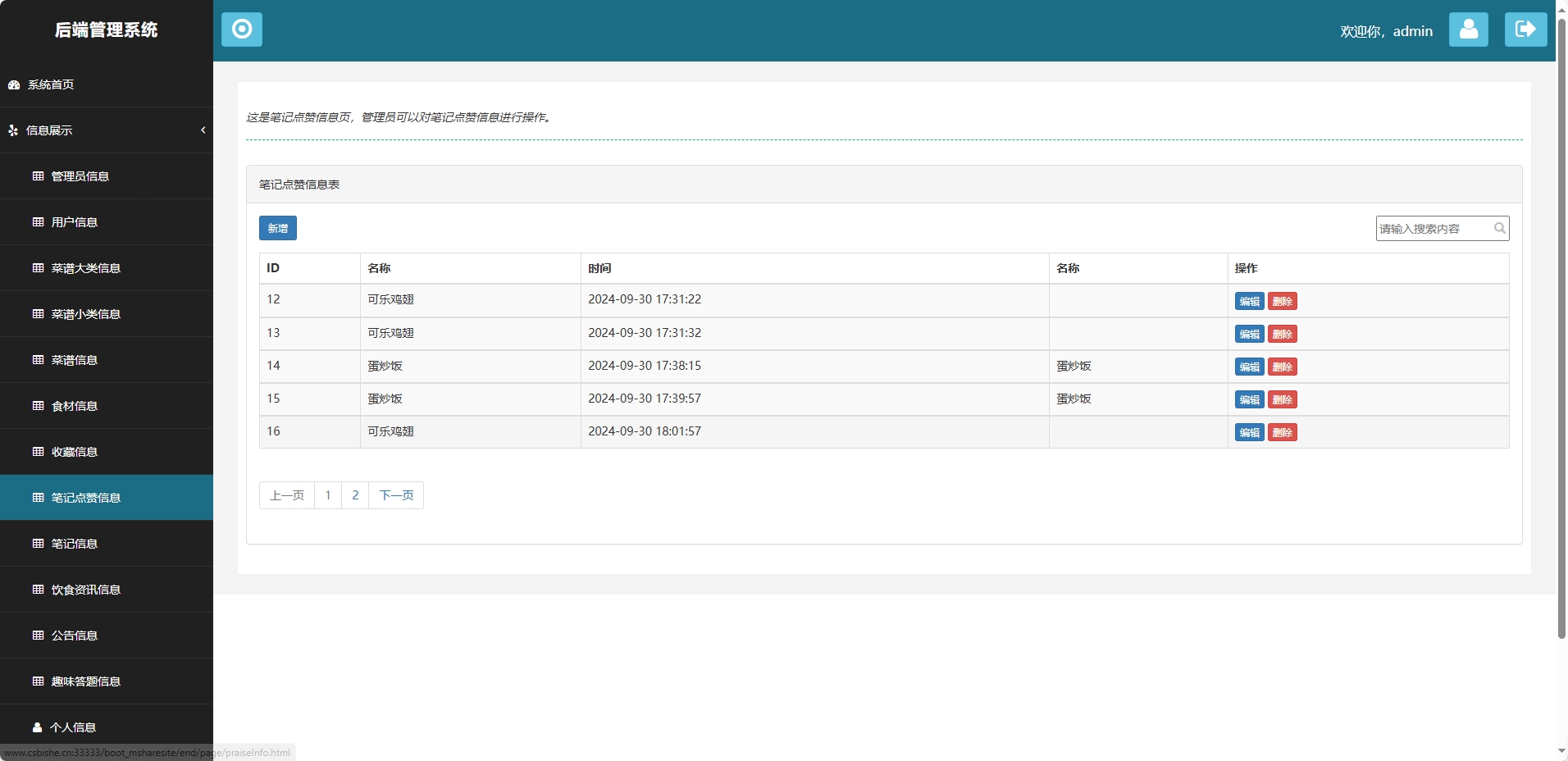 基于SpringBoot的美食分享与社区管理平台 - 笔记点赞管理.png界面截图