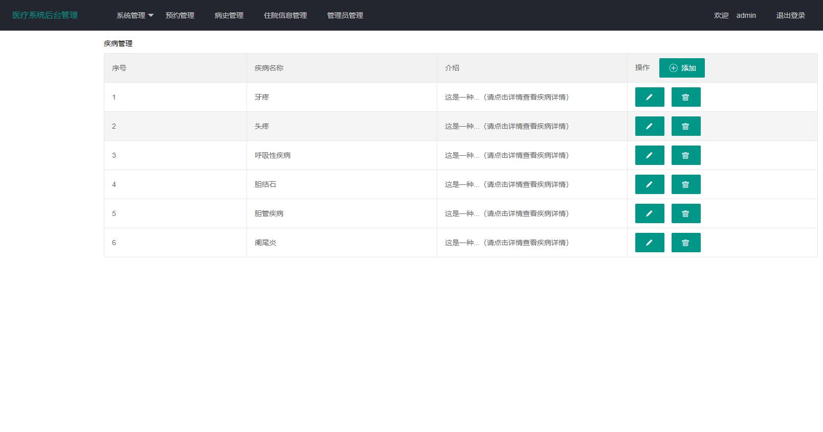 基于SpringBoot的医疗在线挂号管理系统 - 疾病管理.jpg界面截图