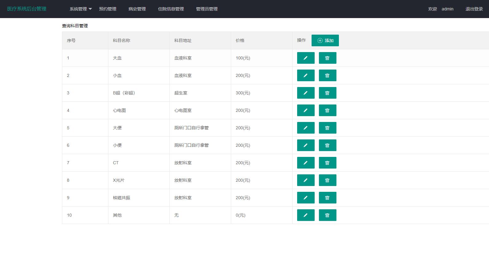 基于SpringBoot的医疗在线挂号管理系统 - 科目管理.jpg界面截图