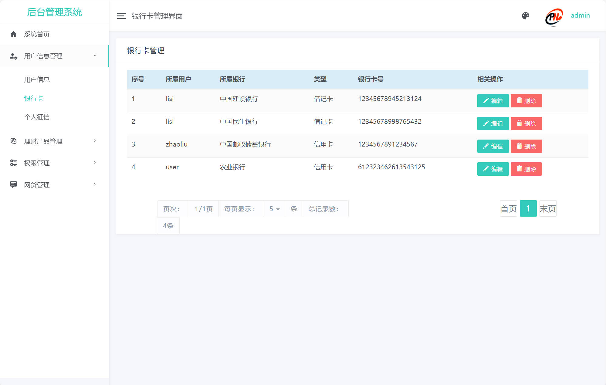 基于SpringBoot的个人理财管理系统 - 银行卡管理.jpg界面截图