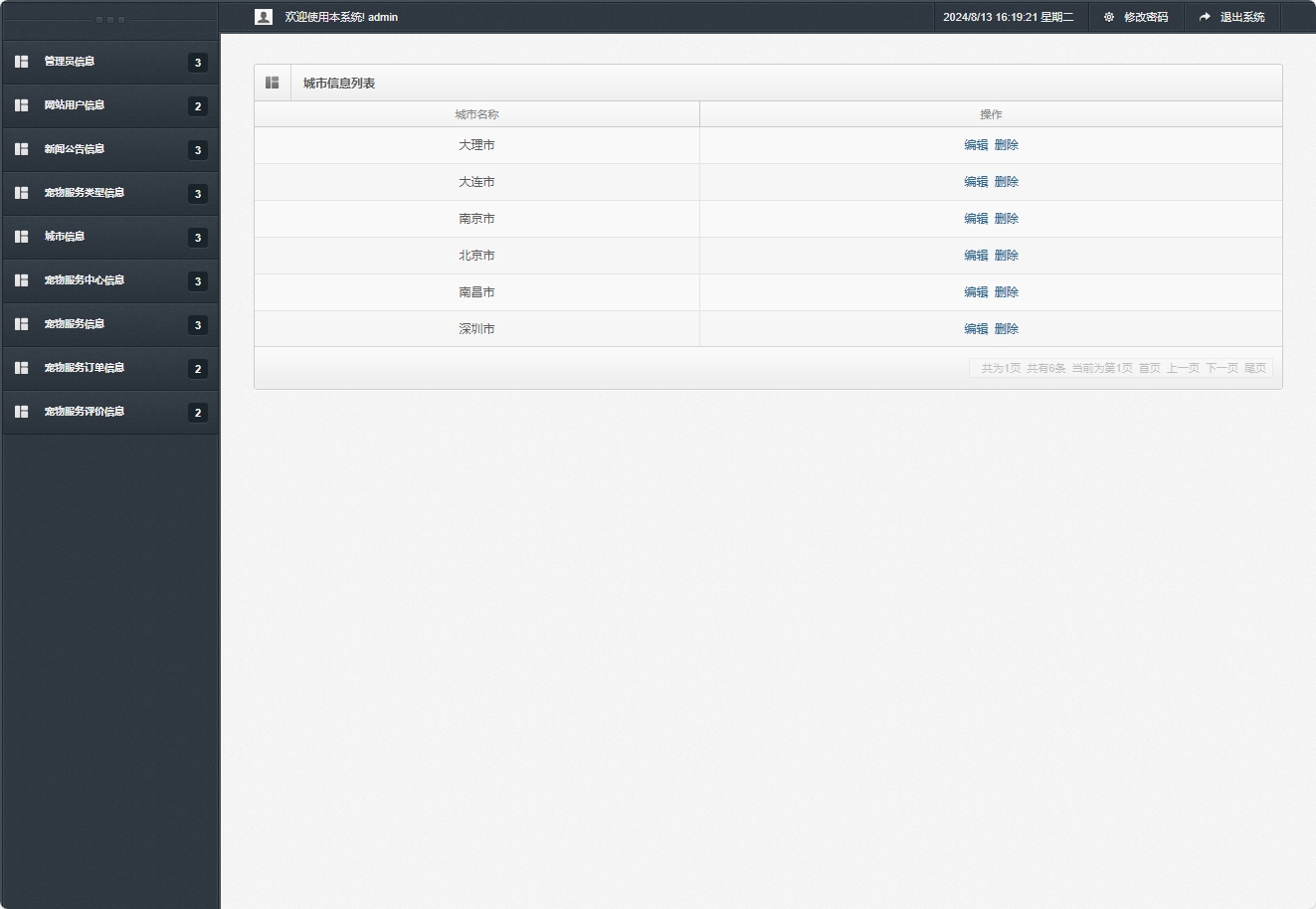 基于SpringBoot的宠物医疗美容服务管理系统 - 城市信息管理.png界面截图