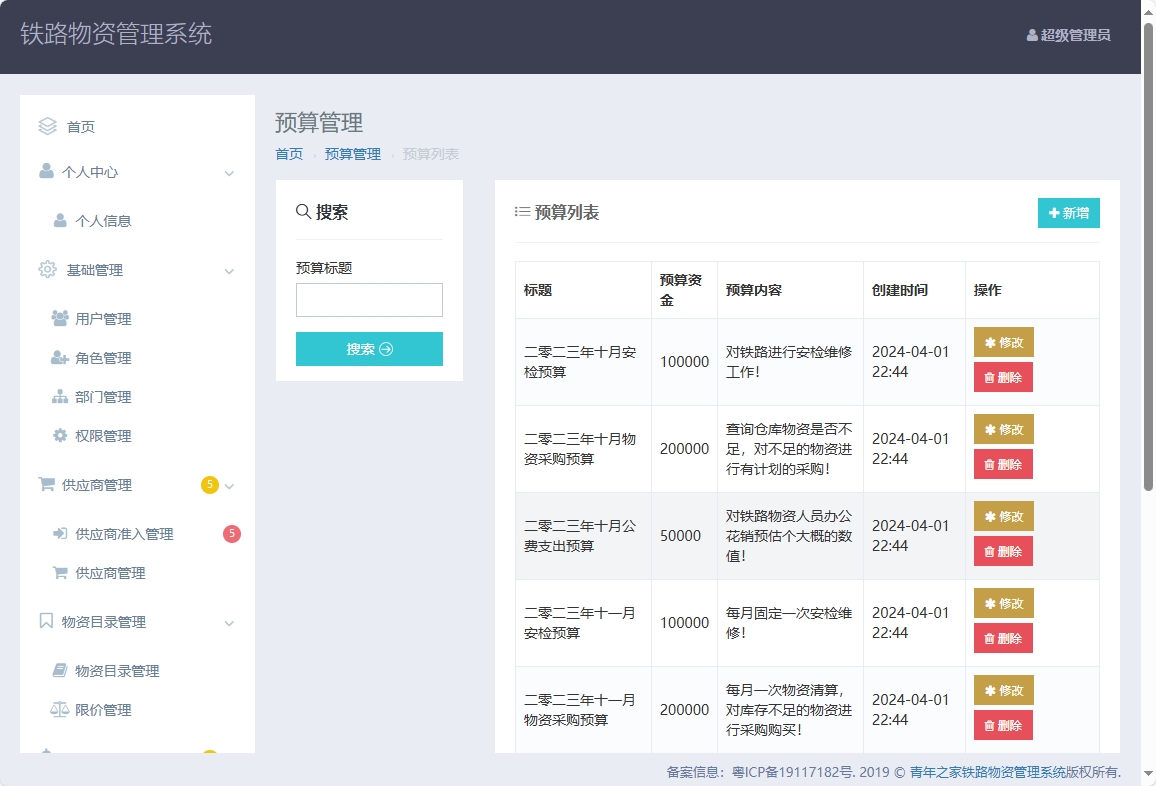 基于SpringBoot的铁路物资管理平台 - 预算管理.png界面截图