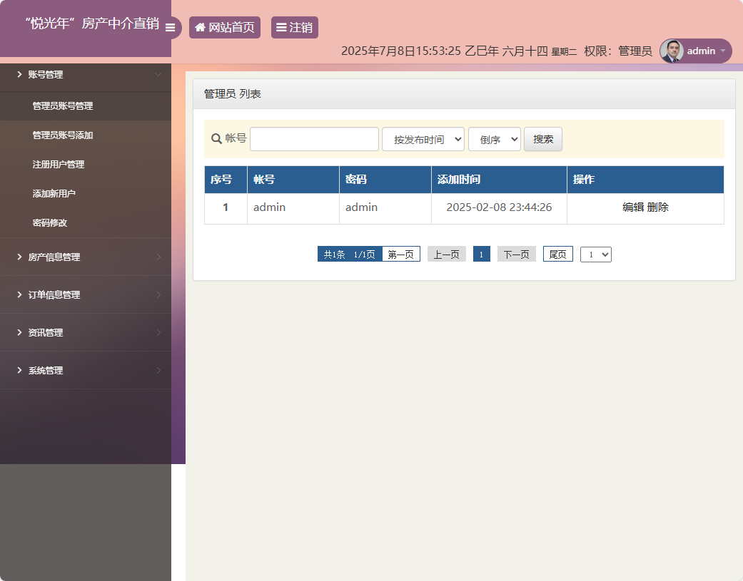 基于SpringBoot的房产中介综合管理平台 - 管理员账号管理.png界面截图