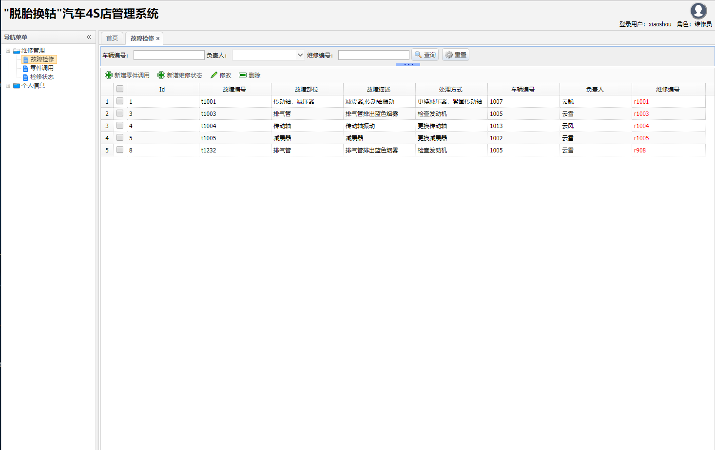 基于SSH框架的汽车4S店综合业务管理系统 - 故障维修.png界面截图