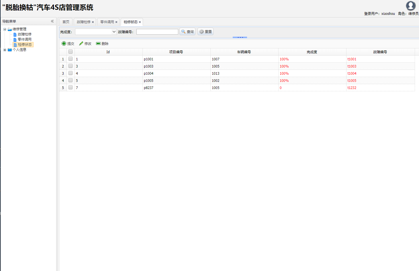 基于SSH框架的汽车4S店综合业务管理系统 - 检修状态.png界面截图