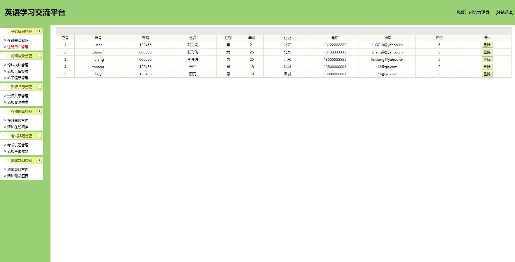 基于SSH框架的英语教学交流平台 - 用户注册管理.jpg界面截图