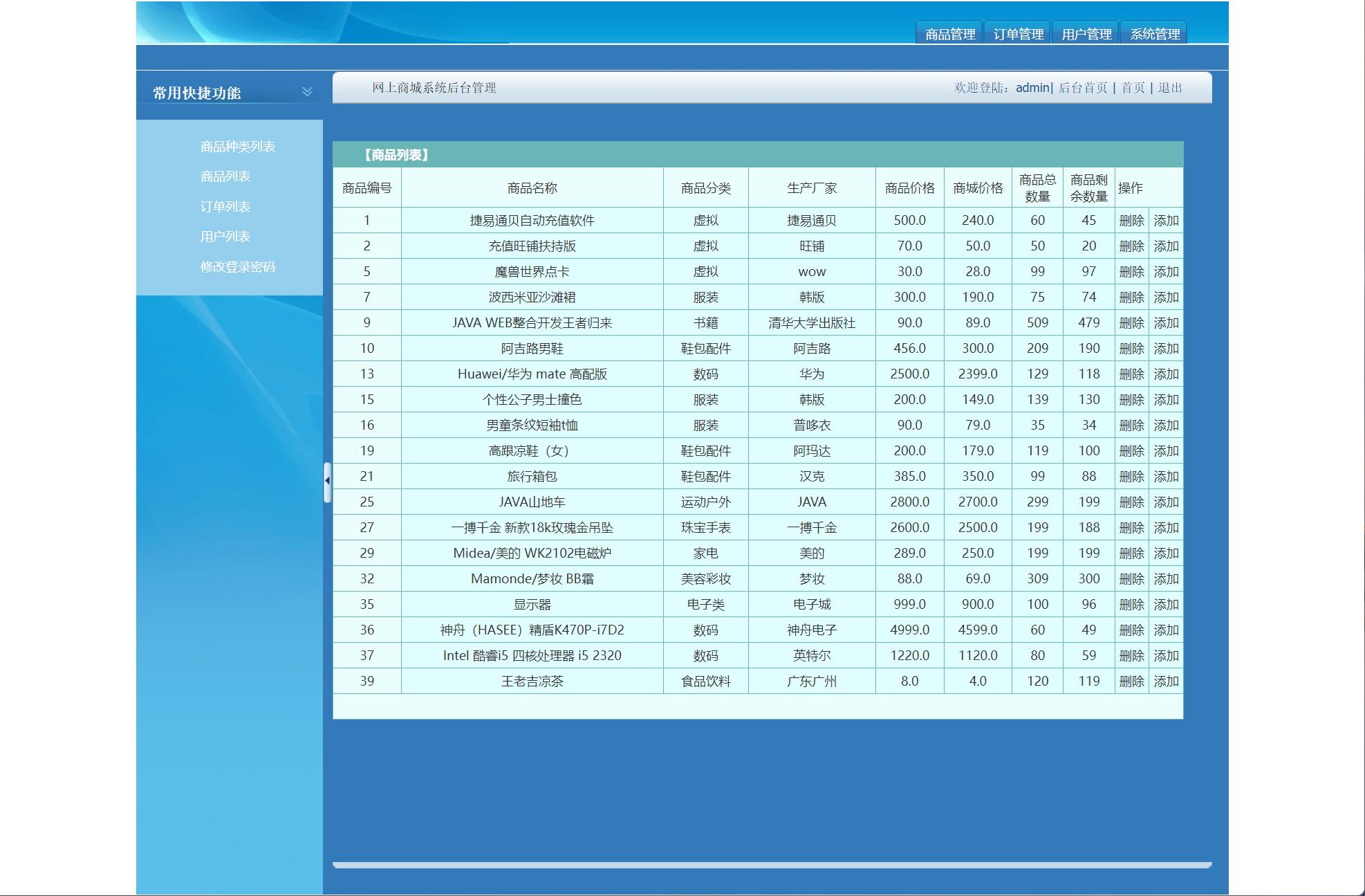 基于SSH框架的在线电子商城系统 - 列表管理.jpg界面截图