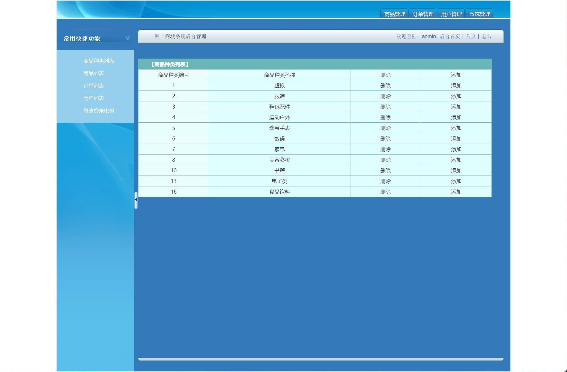 基于SSH框架的在线电子商城系统 - 商品种类管理.jpg界面截图