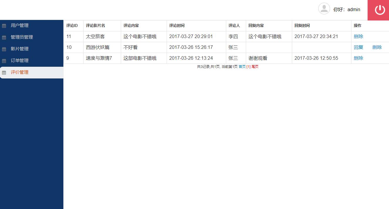 基于SSH框架的在线电影选座售票系统 - 电影评论管理.jpg界面截图