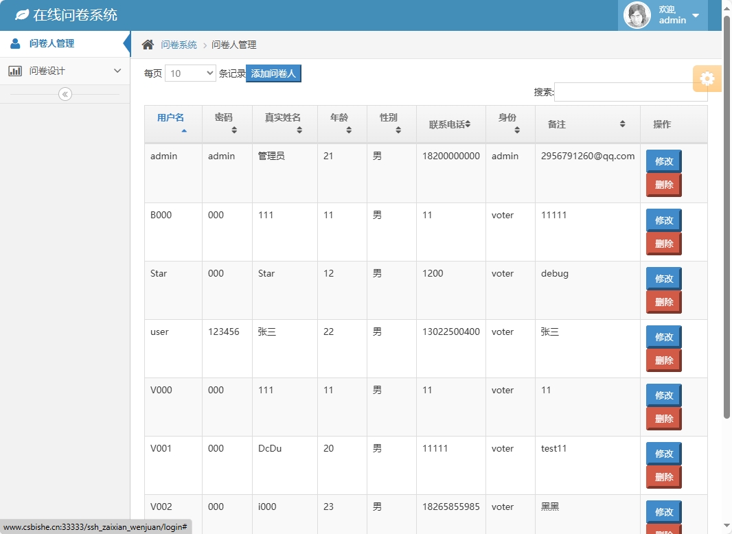 基于SSH框架的在线问卷管理系统 - 问卷人管理.png界面截图