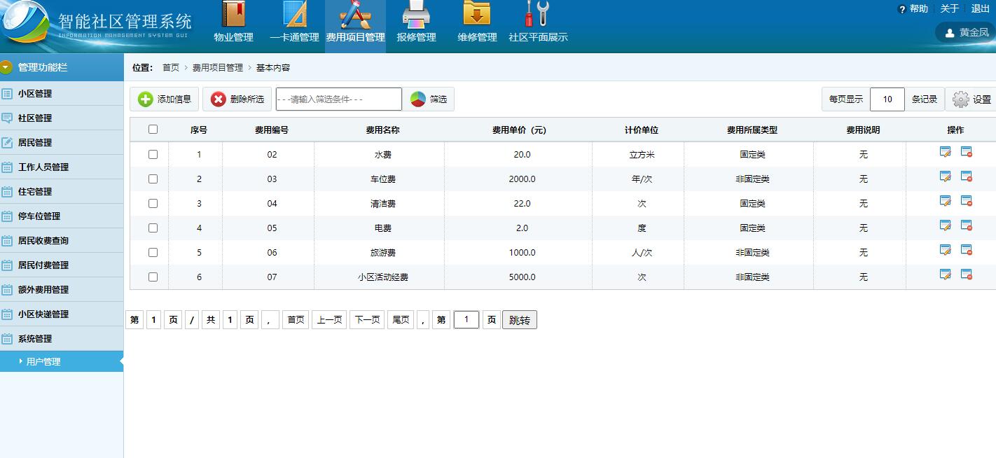 基于SSH框架的智能社区住户信息管理系统 - 费用项目管理.jpg界面截图