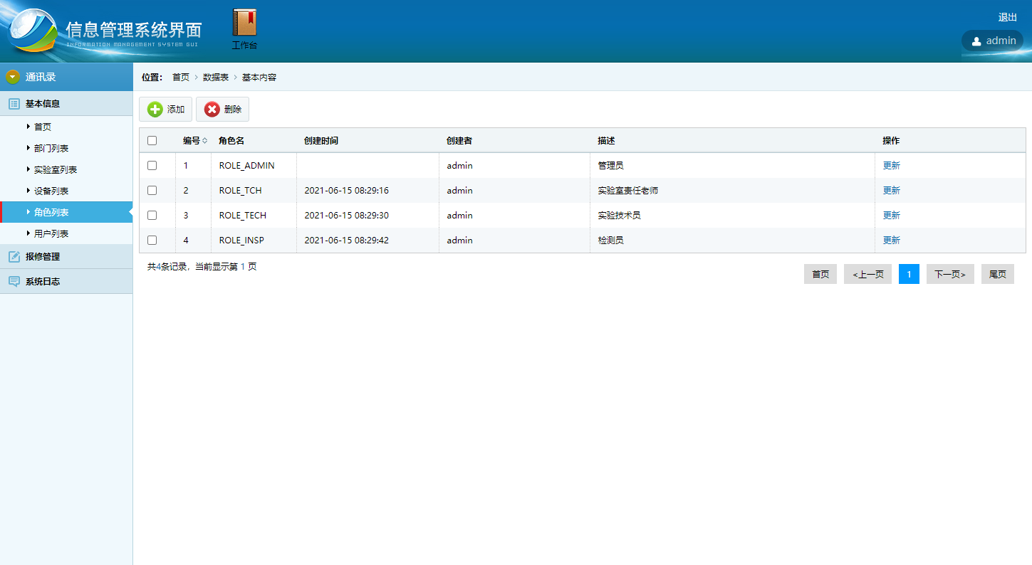 基于SSH框架的高校科研实验室设备与科研管理系统 - 管理角色信息.png界面截图