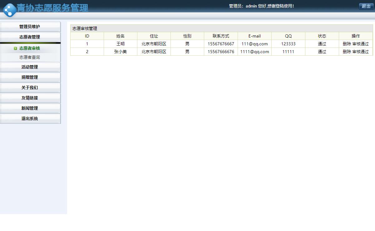 基于SSH框架的志愿服务管理系统设计与实现 - 志愿者管理.jpg界面截图