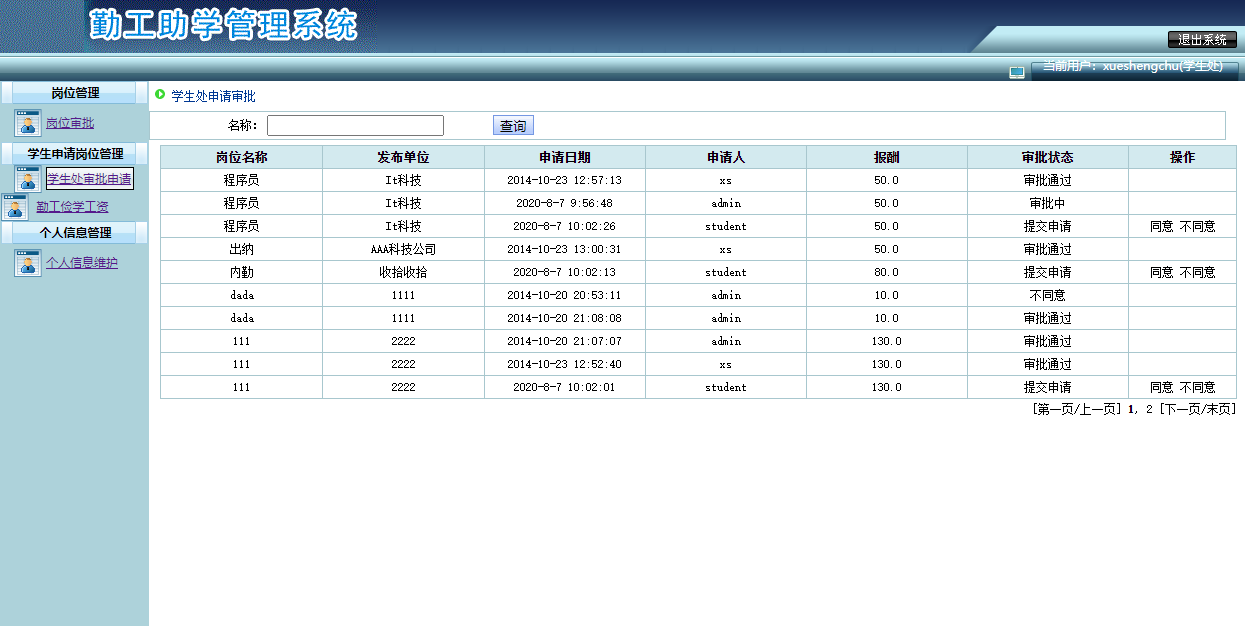 基于SSH框架的勤工助学管理系统 - 学生处审批管理.png界面截图