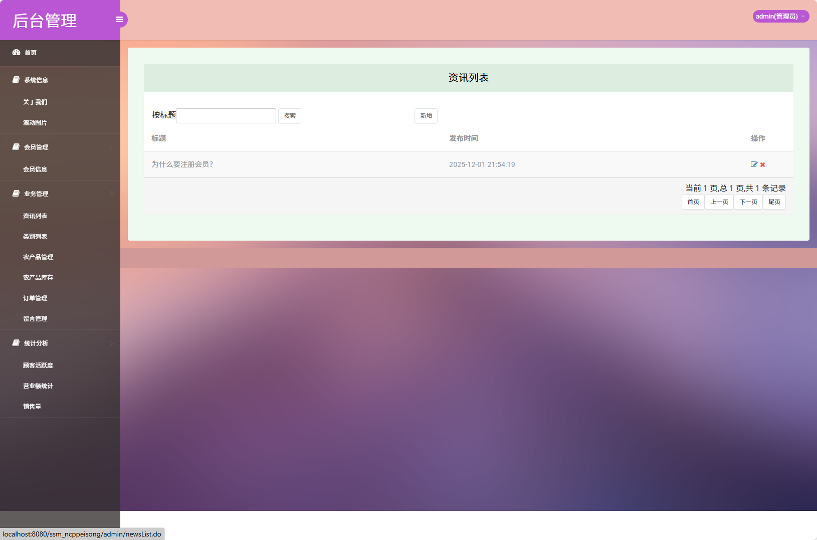 基于SSM框架的农产品物资配送管理系统 - 资讯列表管理.png界面截图