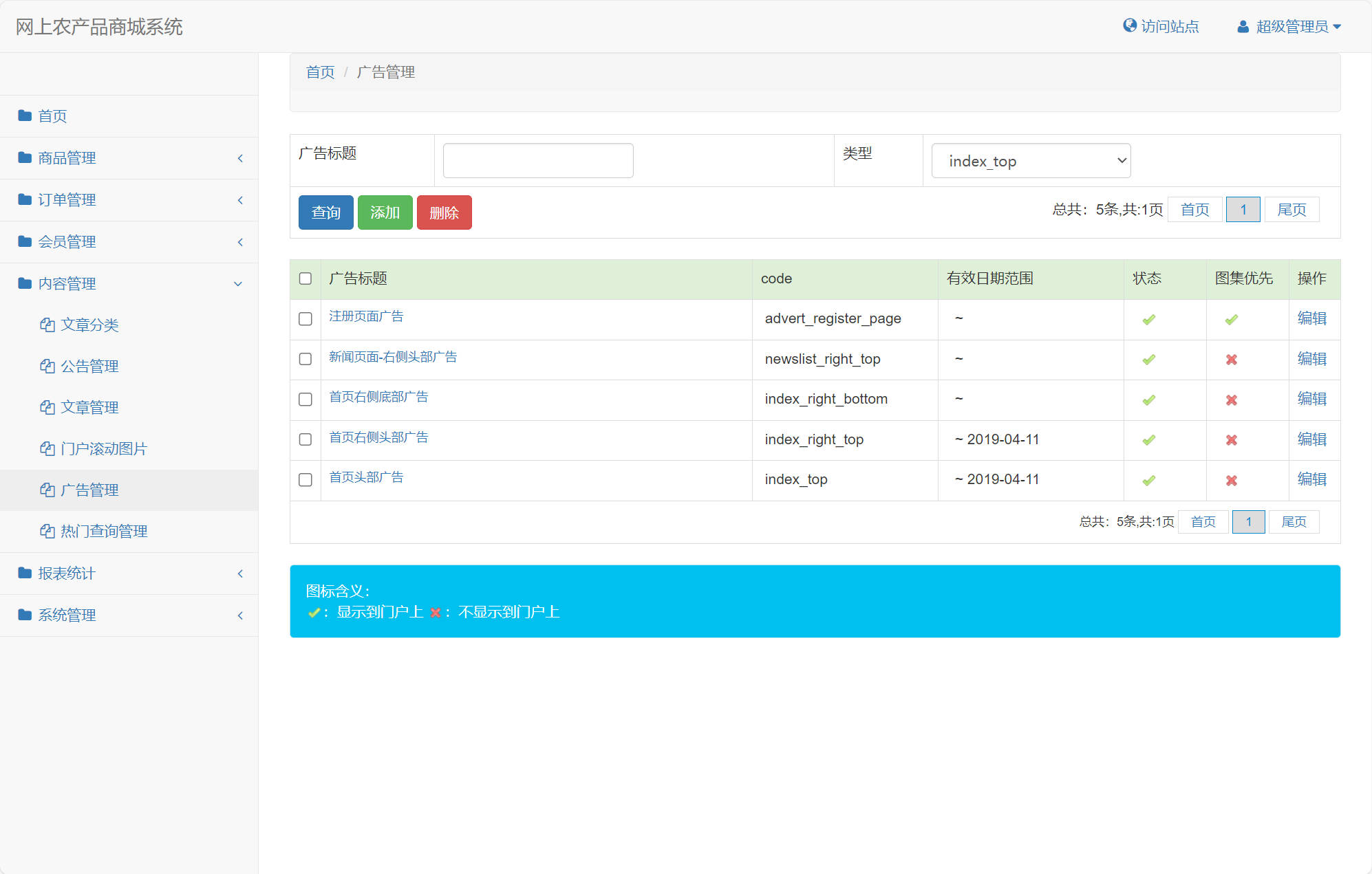 基于SSM框架的农产品在线销售平台 - 广告管理.jpg界面截图