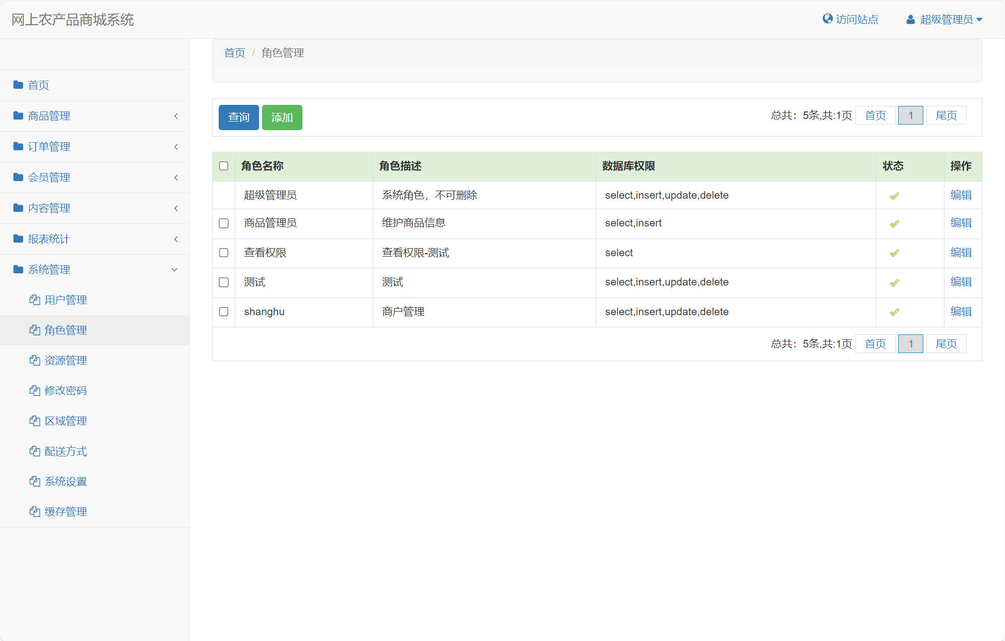 基于SSM框架的农产品在线销售平台 - 角色管理.jpg界面截图