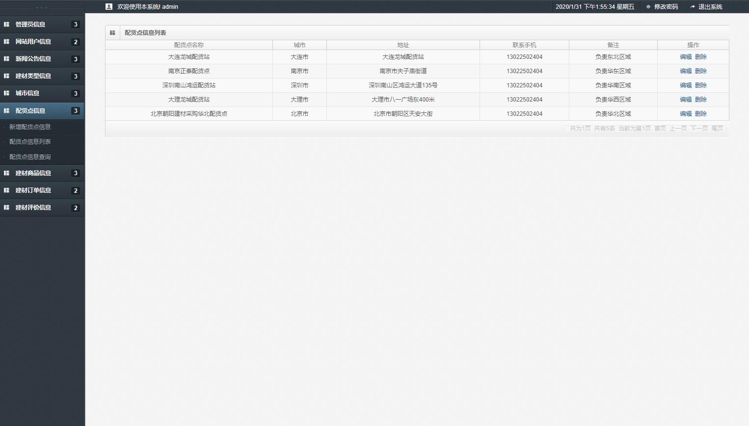 基于SSM框架的建材在线商城系统 - 配货点管理.jpg界面截图