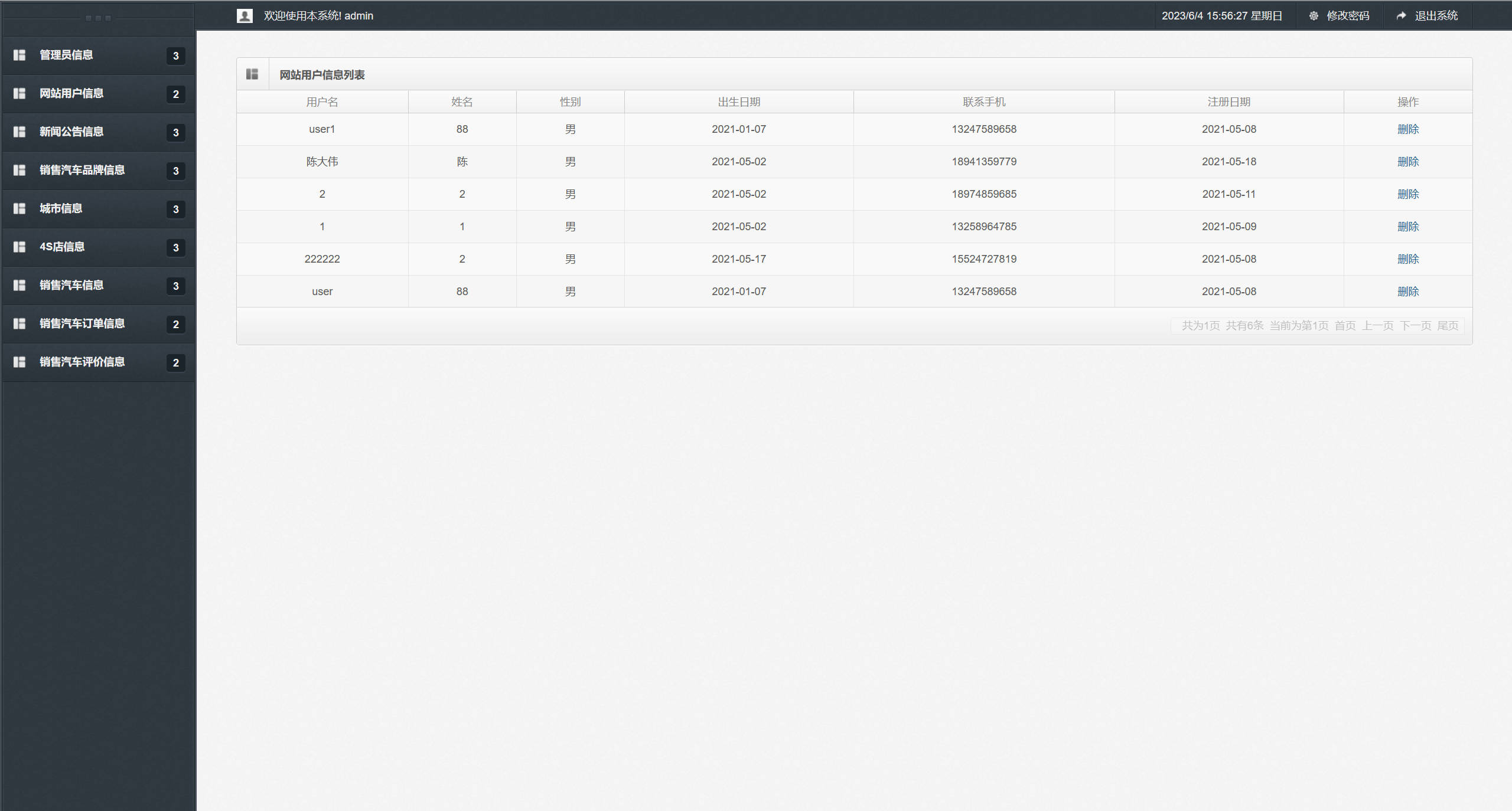 基于SSM框架的汽车智能推荐销售平台 - 网站用户信息管理.jpg界面截图
