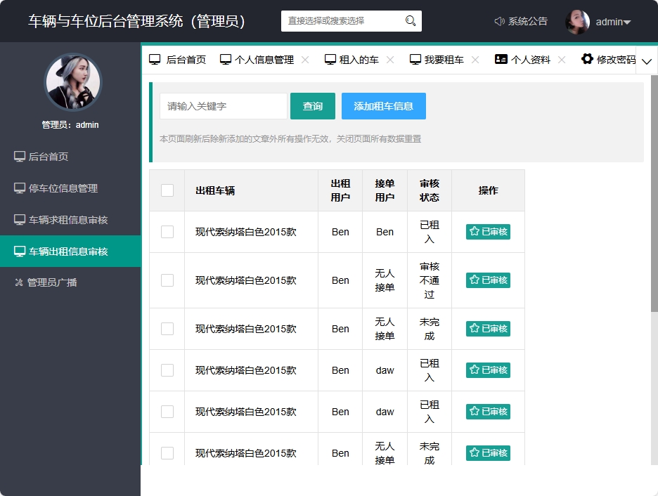 基于SSM框架的汽车租赁服务平台 - 车辆出租信息审核.png界面截图