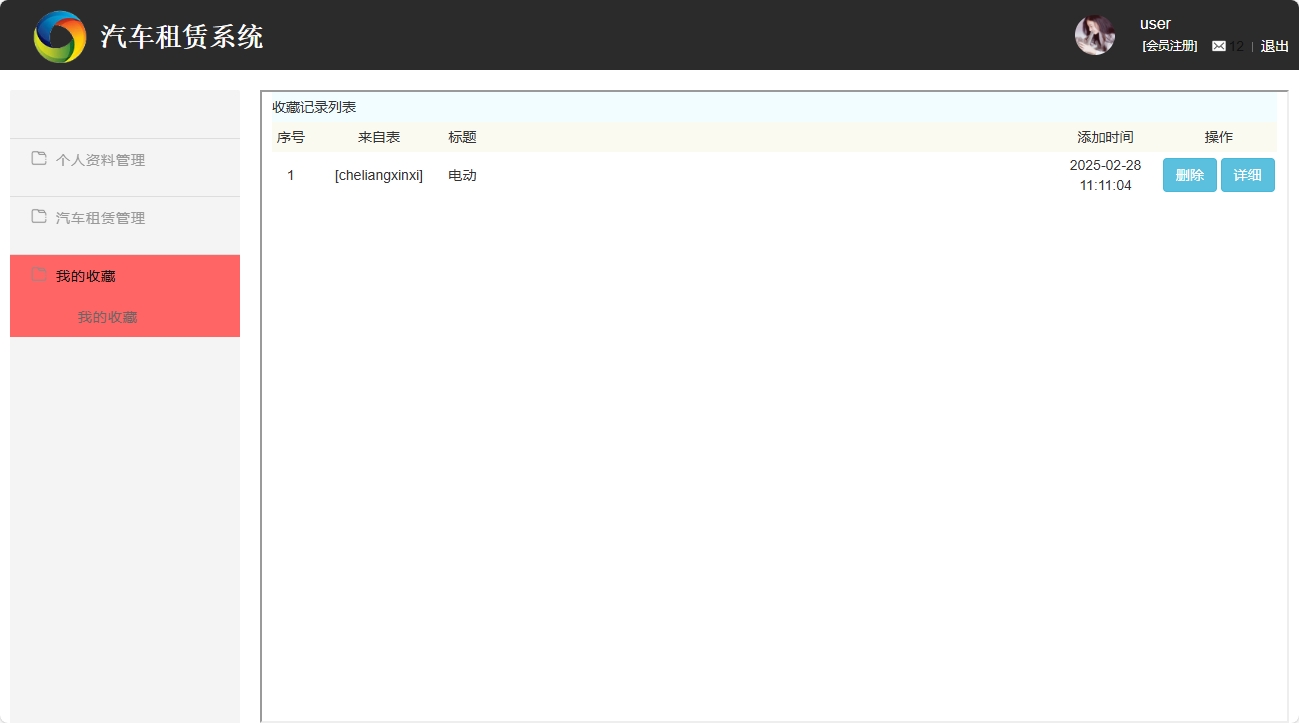 基于SSM框架的汽车租赁信息管理系统 - 查看我的收藏.png界面截图