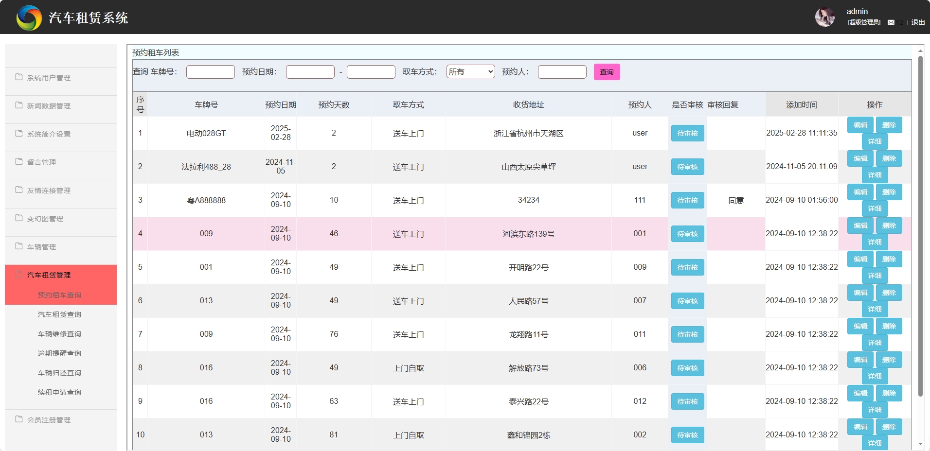 基于SSM框架的汽车租赁信息管理系统 - 预约租车管理.png界面截图