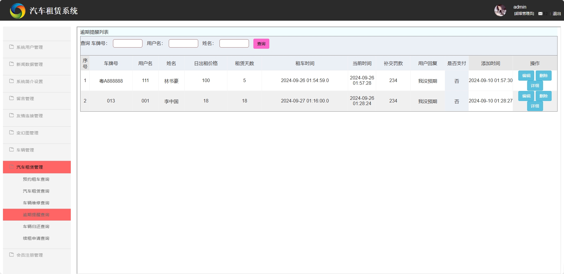 基于SSM框架的汽车租赁信息管理系统 - 逾期提醒管理.png界面截图