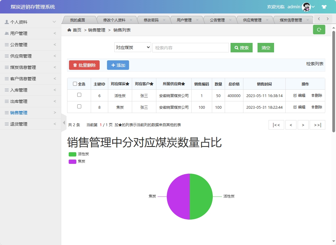 基于SSM框架的煤炭进销存管理系统 - 销售管理.png界面截图