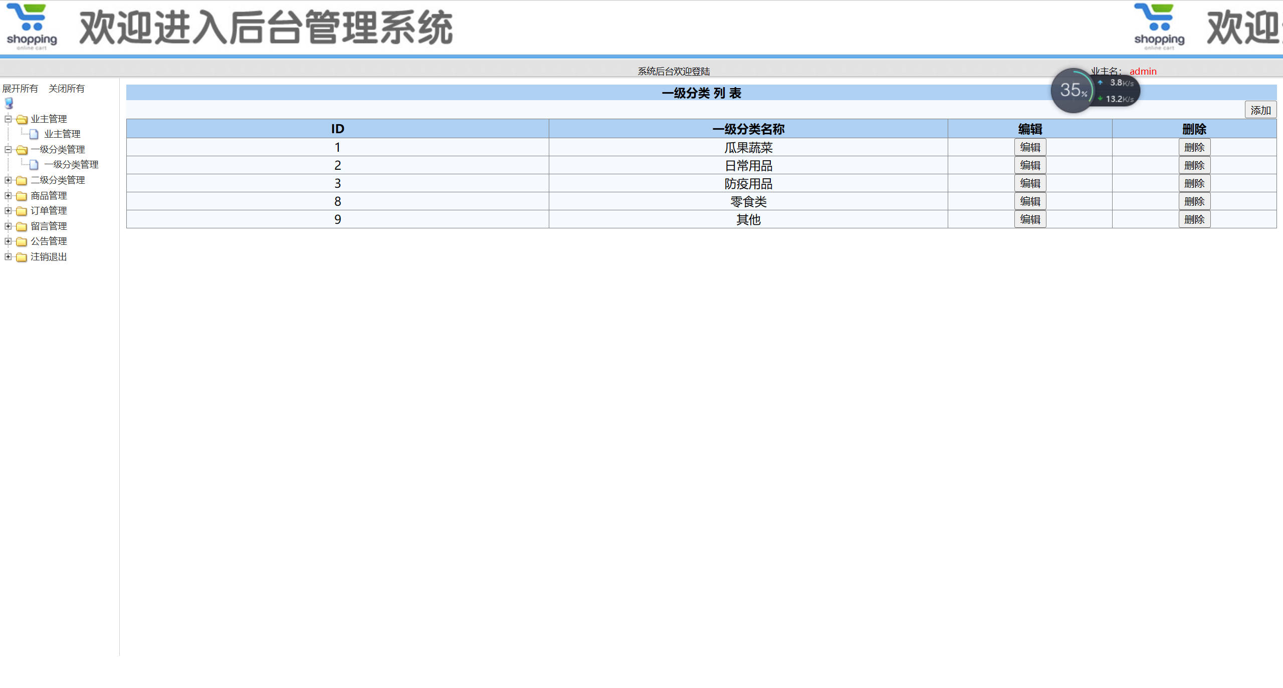 基于SSM框架的社区疫情物资采购平台 - 一级分类管理.jpg界面截图
