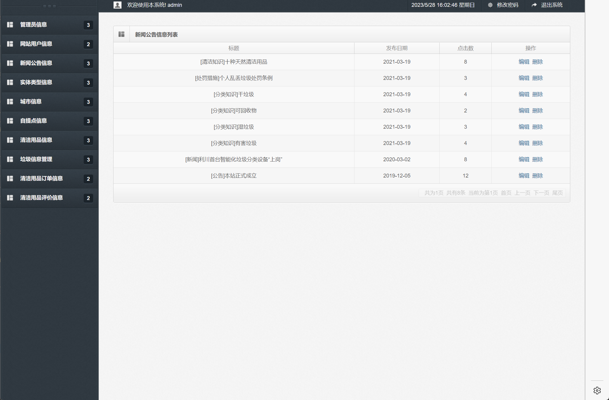 基于SSM的社区垃圾分类与商城一体化平台 - 新闻公告信息管理.png界面截图