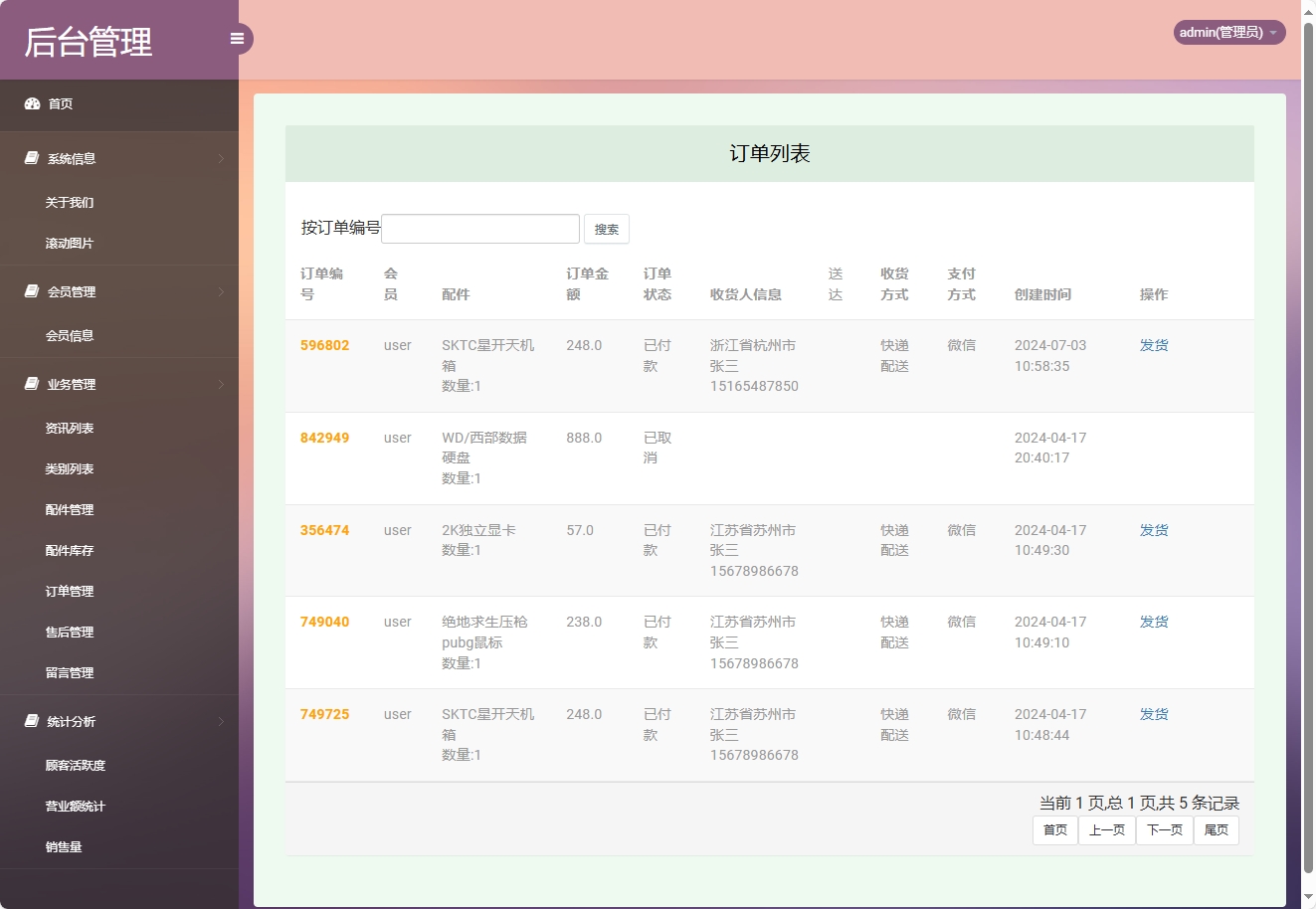 基于SSM框架的计算机配件在线商城系统 - 订单管理.png界面截图