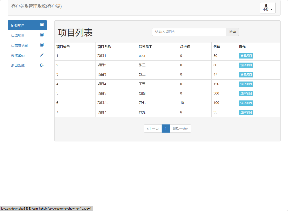 基于SSM框架的在线客户关系管理信息系统 - 查看所有项目.png界面截图