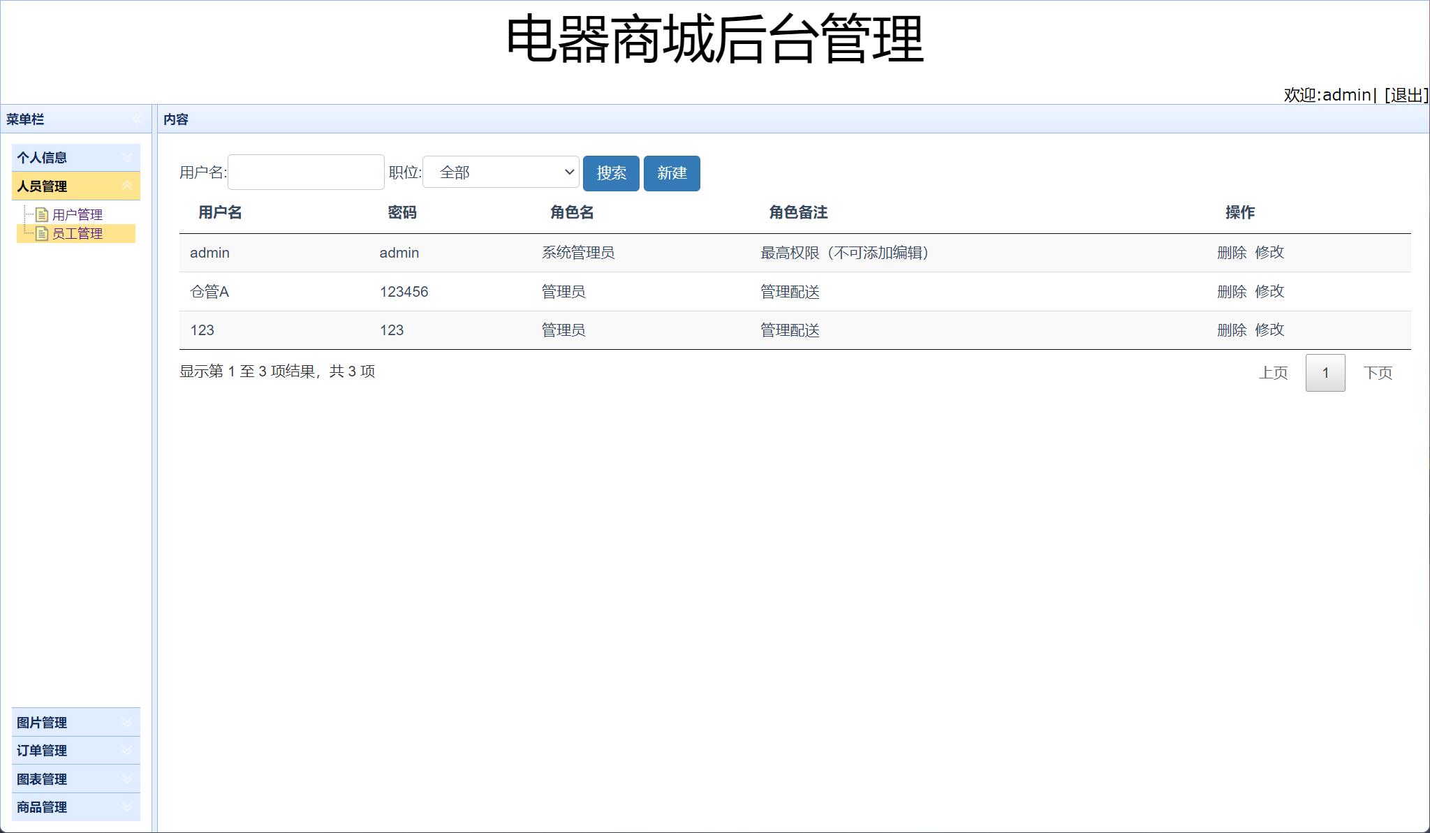 基于SSM框架的电器商品在线销售系统 - 员工信息管理.jpg界面截图