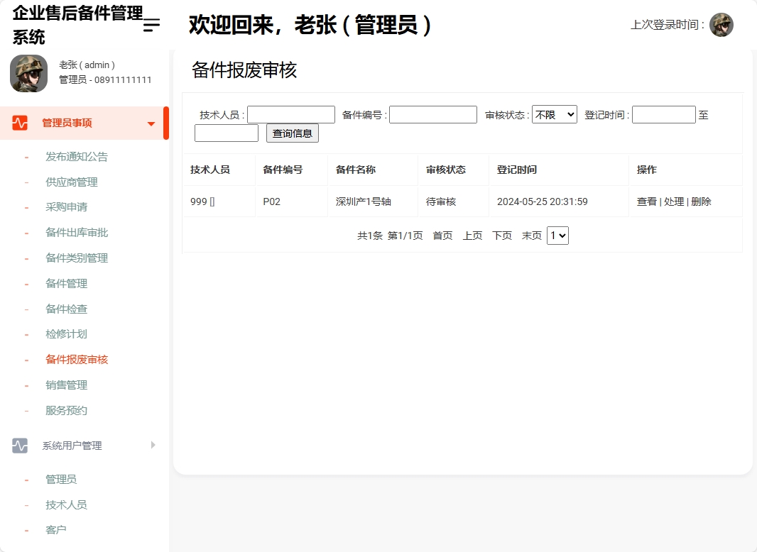 基于SSM框架的企业售后备件管理与追踪系统 - 备件报废审核管理.png界面截图