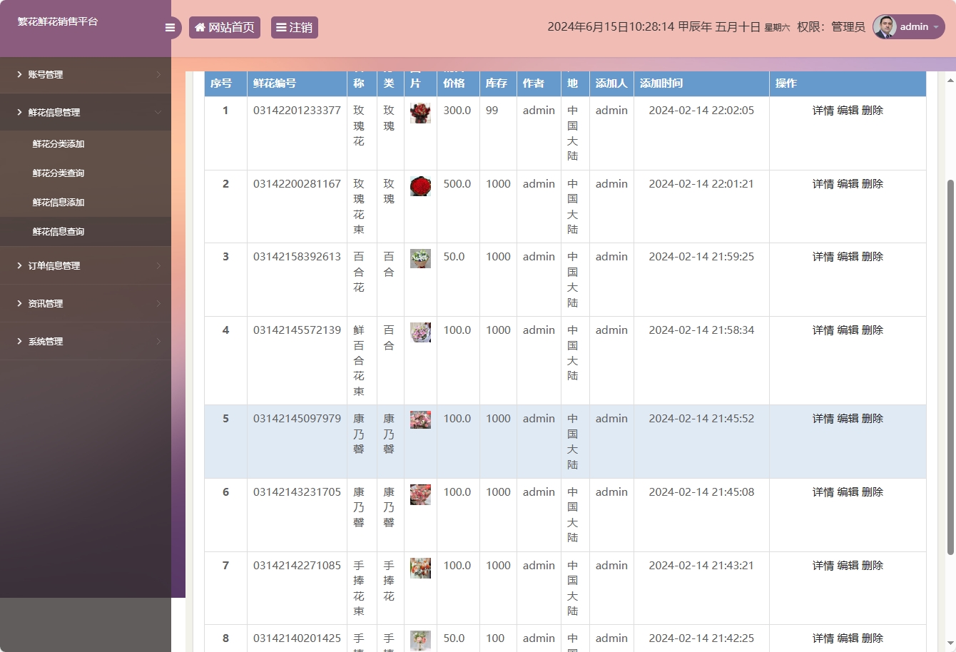 基于SSM框架的鲜花在线销售平台 - 鲜花信息管理.png界面截图