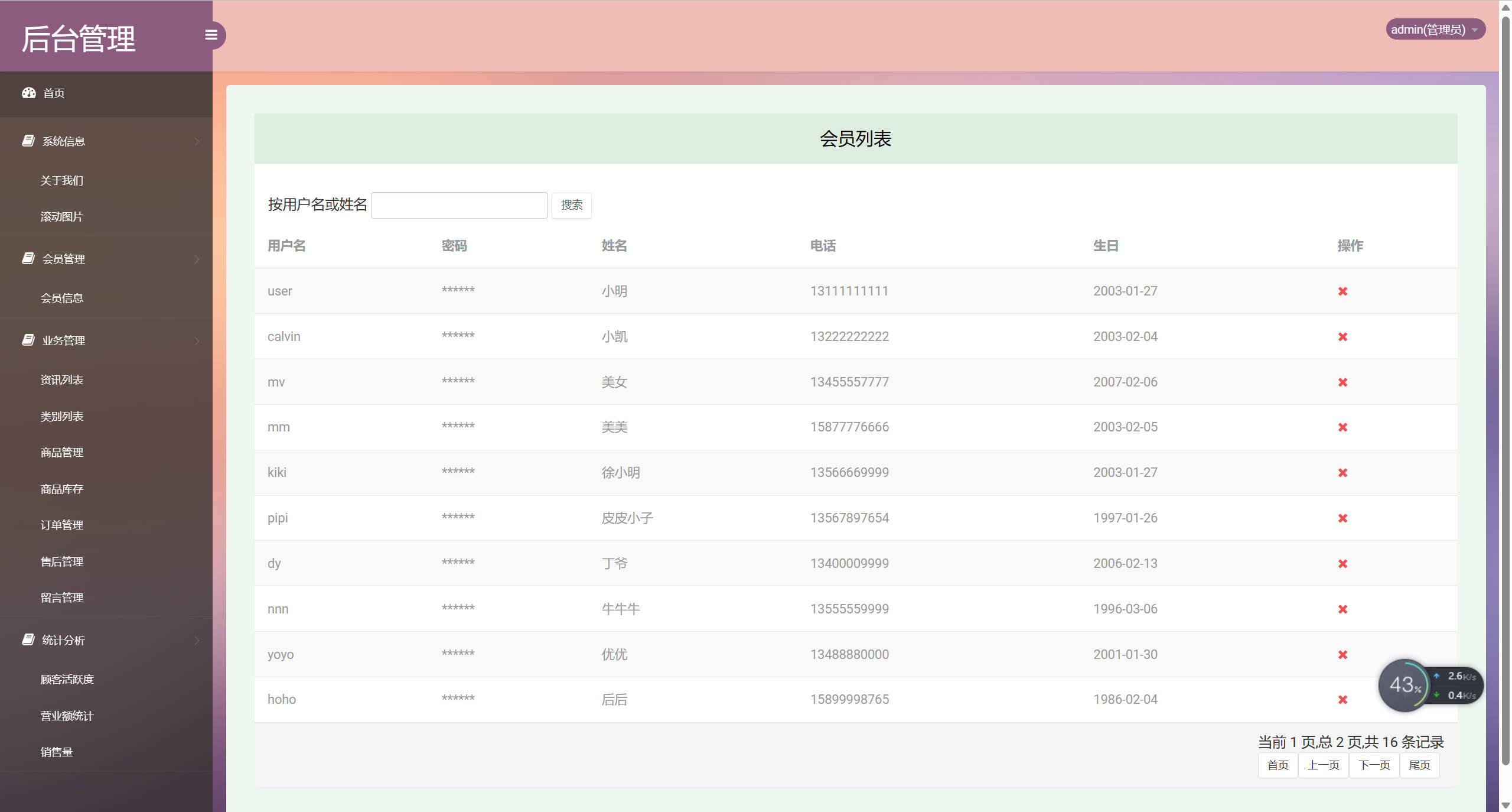 基于SSM框架的果蔬农副产品在线商城系统 - 会员信息管理.jpg界面截图