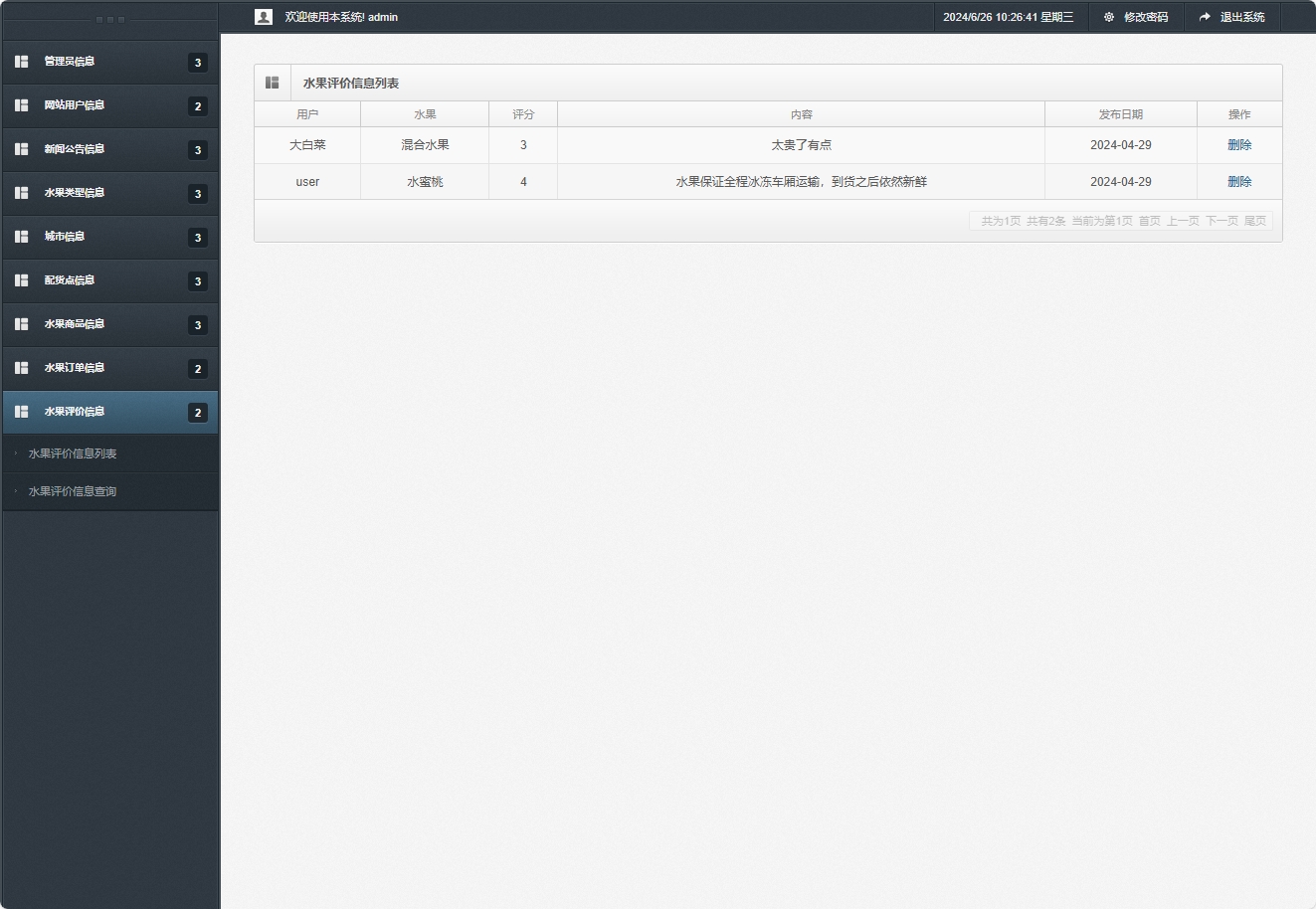 基于SSM框架的水果批发销售平台 - 水果评价信息管理.png界面截图